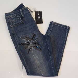 NWT Alison Sheri Palm Tree Rhinestone Jeans